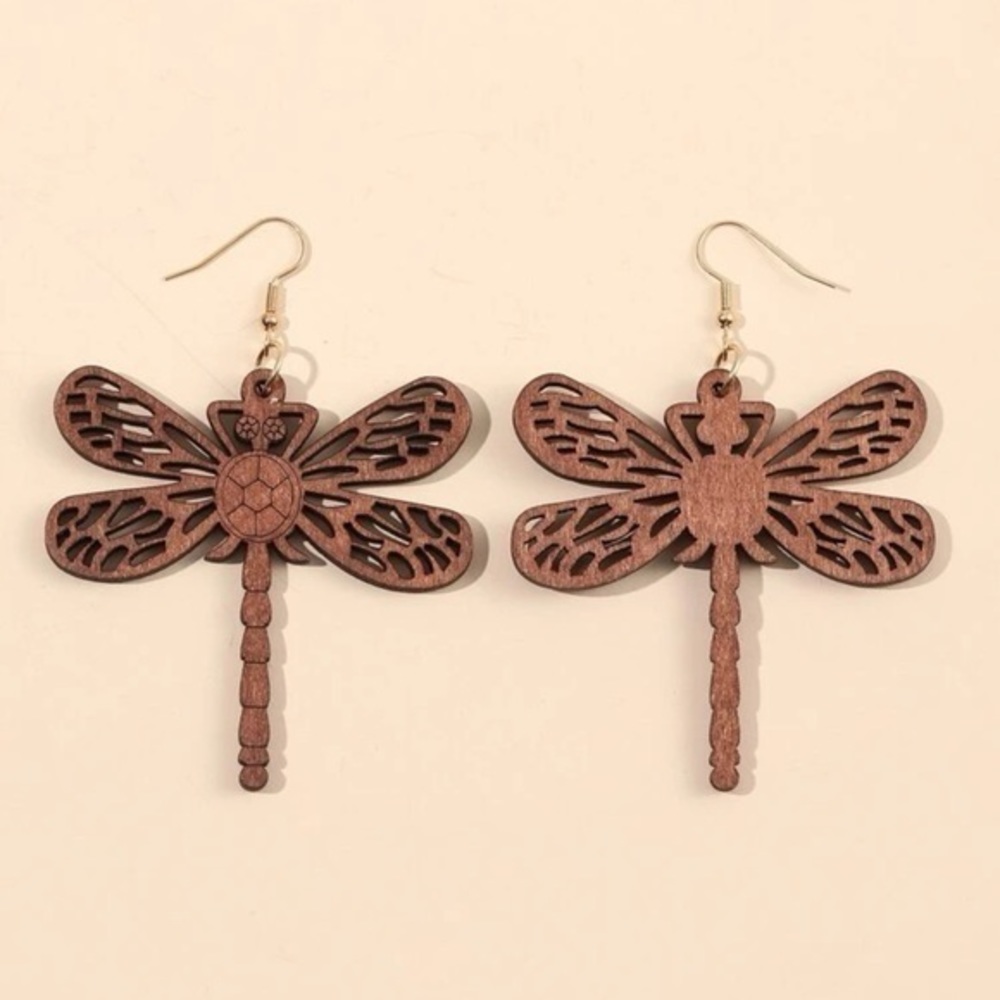 Hollow Out Dragonfly Drop Earrings Wood Golden Post - Picture 4 of 7